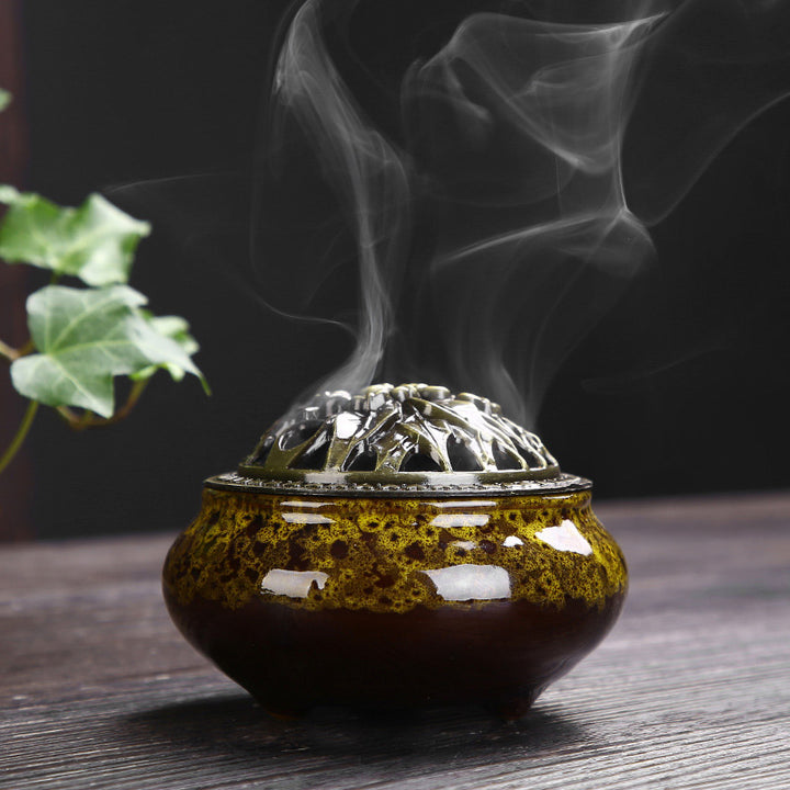 Buddha Stones Flower Pattern Ceramic Blessing Meditation Incense Burner Decoration - Yellow - image 6