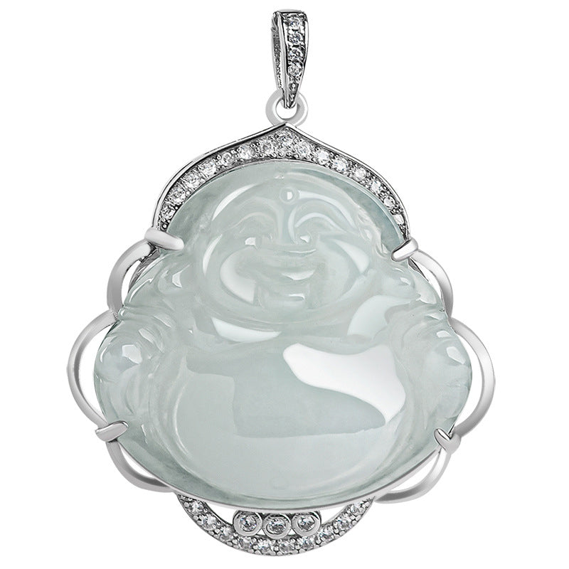 Buddha Stones Laughing Buddha Natural Jade Abundance Titanium Steel Chain Necklace Pendant - image 7