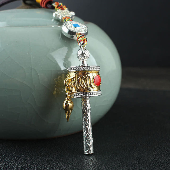 Tibet Om Mani Padme Hum Prayer Wheel Peace Rotatable Bag Car Hanging Decoration - Gold Prayer Wheel - image 7