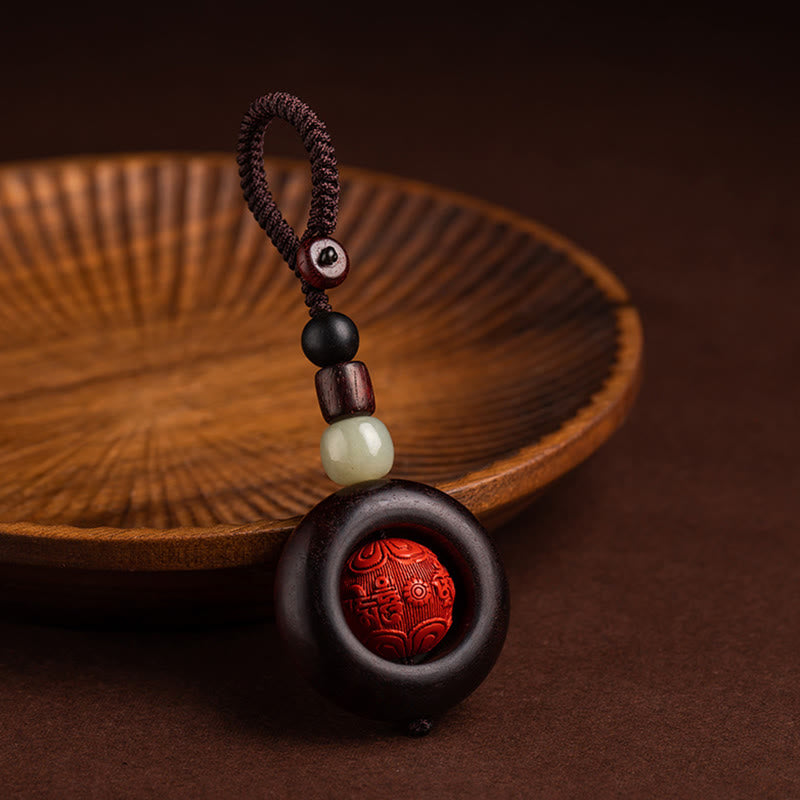 Buddha Stones Tibet Om Mani Padme Hum PiXiu Copper Coin Small Leaf Red Sandalwood Cinnabar Protection Key Chain - Om Mani Padme Hum - image 1