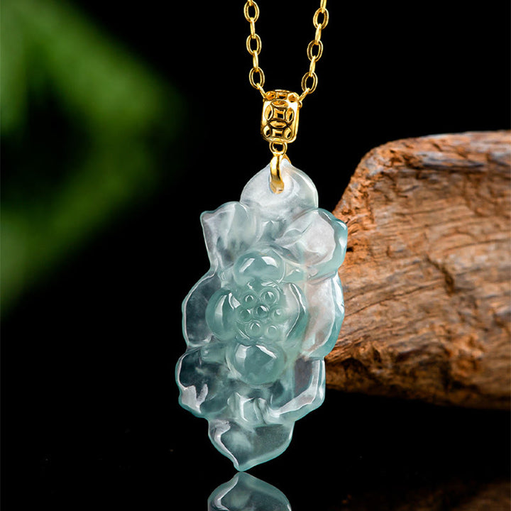 Buddha Stones Natural Jade Lotus Pattern Prosperity Titanium Steel Chain Necklace Pendant - image 1
