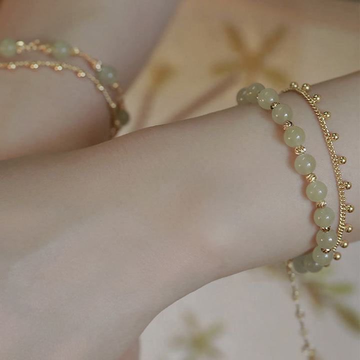 Buddha Stones 14K Gold Plated 2 Layers Hetian Jade Bead Luck Prosperity Bracelet - image 12