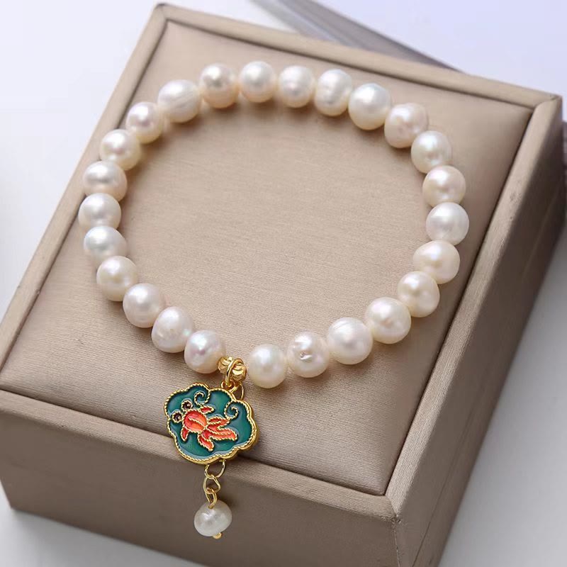 Buddha Stones Natural Pearl Lotus Koi Fish Goldfish Optimism Charm Bracelet - Pearl(Healing♥Wisdom) - image 0