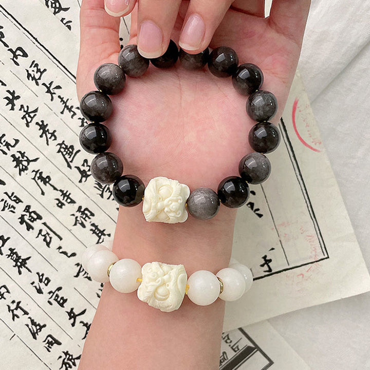 Buddha Stones Silver Sheen Obsidian Bodhi Seed Ivory Fruit Dancing Lion Protection Bracelet - image 3