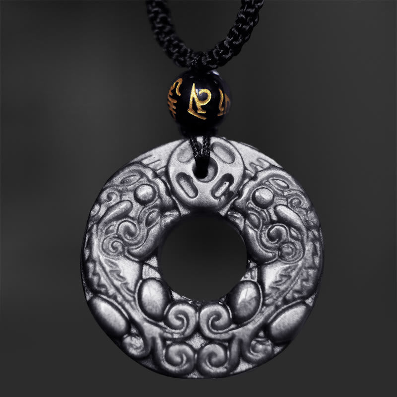 Buddha Stones Natural Silver Sheen Obsidian Double PiXiu Copper Coin Peace Buckle Protection Necklace Pendant - image 3