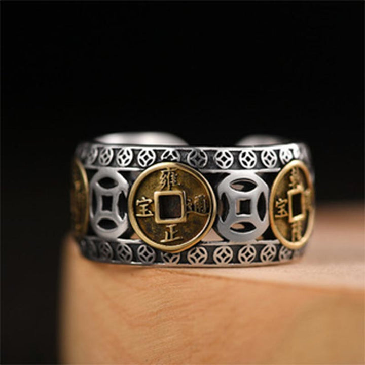 Buddha Stones Five-Emperor Coins Balance Adjustable Ring - image 1