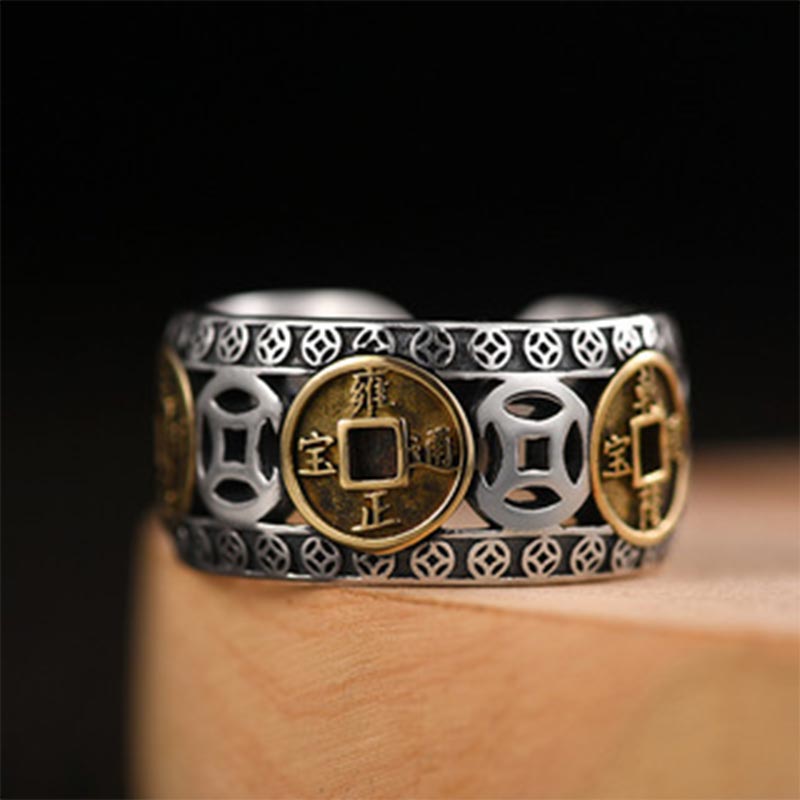 Buddha Stones Five-Emperor Coins Balance Adjustable Ring - image 1