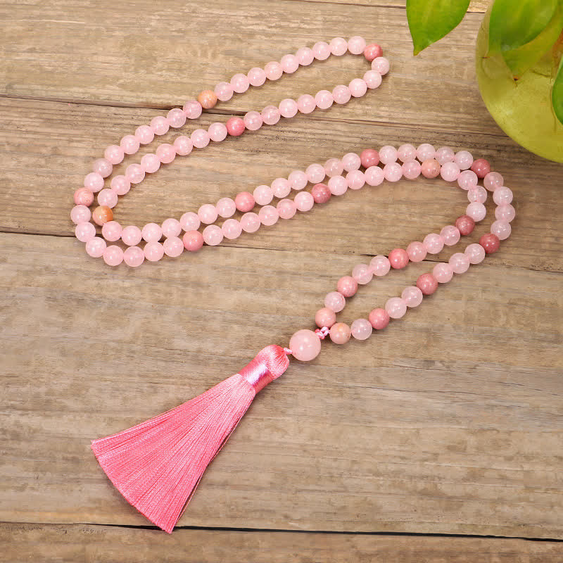 Buddha Stones 108 Mala Beads Pink Crystal Love Tassel Bracelet - image 7