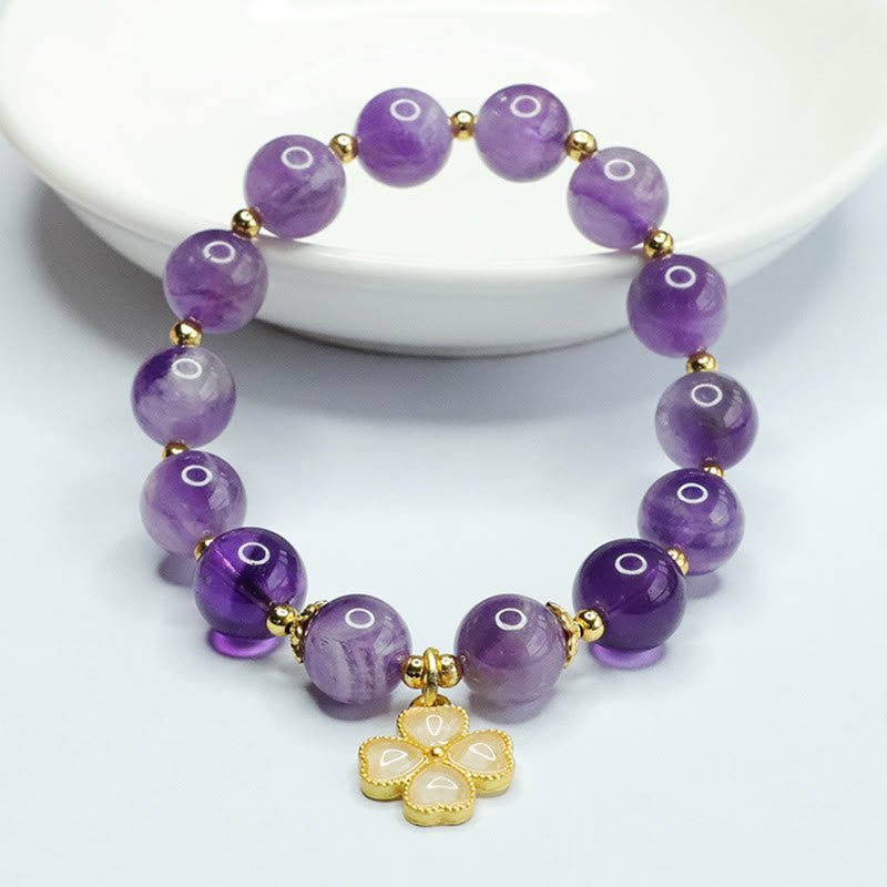 Buddha Stones Natural Amethyst Crystal Inner Peace Four Leaf Clover Charm Bracelet - image 2