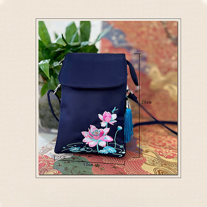 Buddha Stones Waterproof Handmade Embroidered Lotus Flowers Crossbody Bag Shoulder Bag Cellphone Bag - image 22