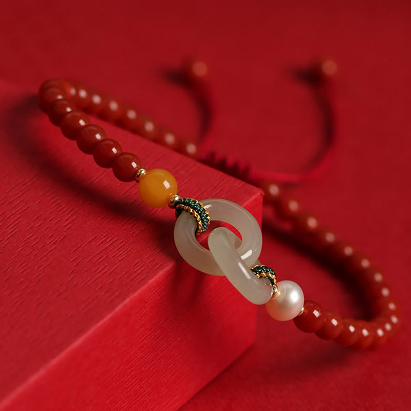 Buddha Stones Natural Red Agate Hetian Jade Double Peace Buckle Confidence Bracelet - image 2