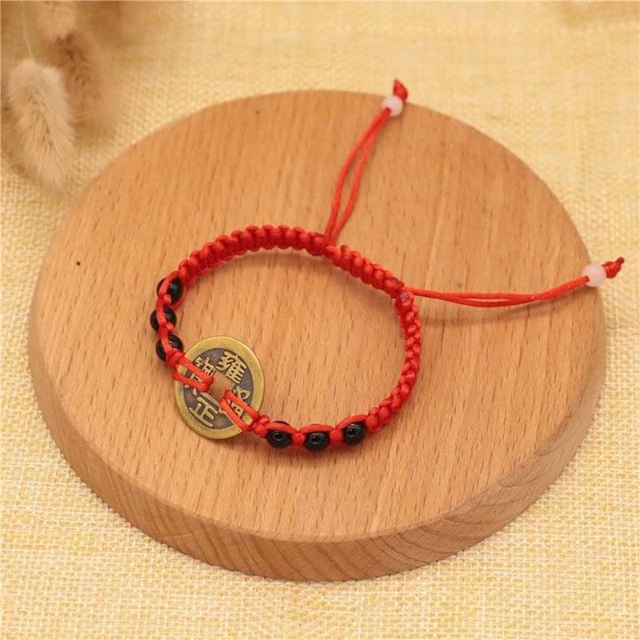 Buddha Stones Copper Coin Fortune Red String Weave Bracelet - Black Beads&Copper Coin(Bracelet Size 14-20cm) - image 4