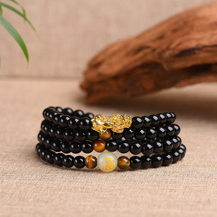 Buddha Stones Chinese Zodiac Obsidian PiXiu Protection Mala Bracelet - image 1