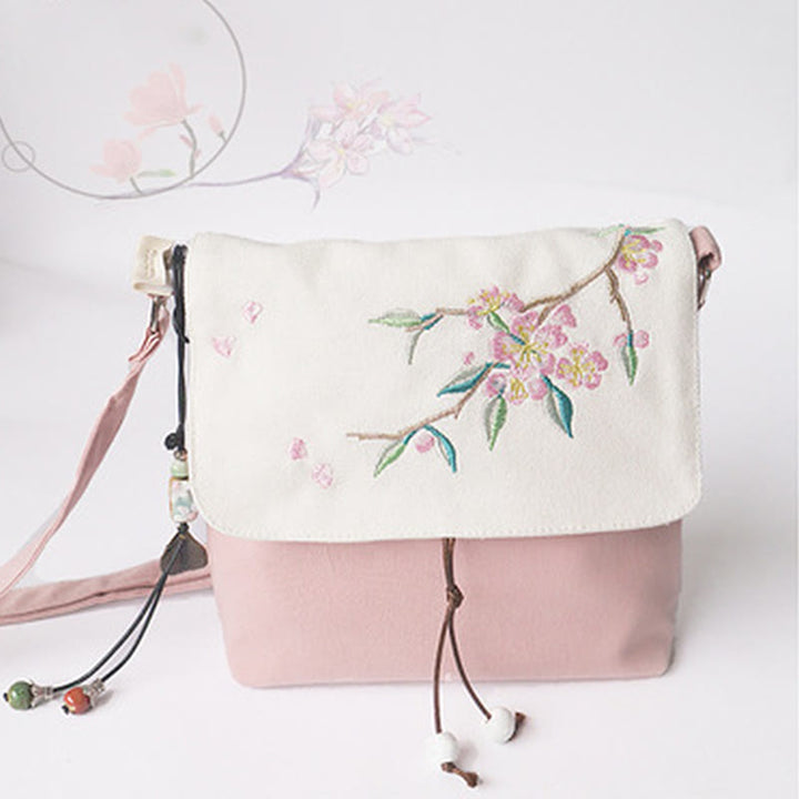 Buddha Stones Handmade Embroidered Plum Flowers Canvas Crossbody Bag Shoulder Bag Handbag - Light Pink Peach Blossom 17*19cm - image 6