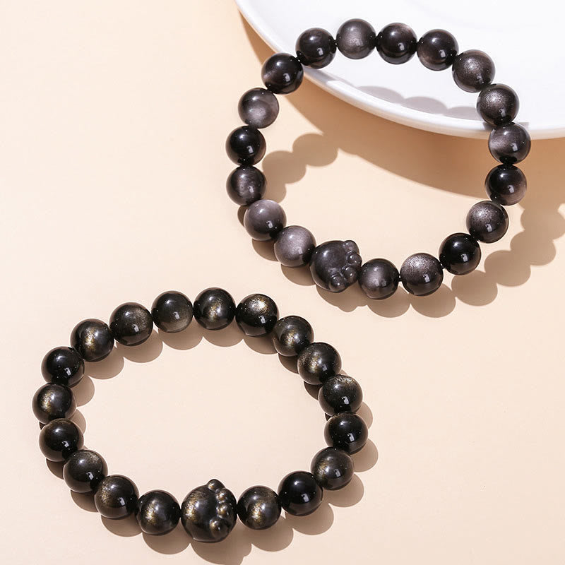 Buddha Stones Natural Gold Sheen Obsidian Silver Sheen Obsidian Cute Cat Paw Claw Wealth Bracelet - image 1