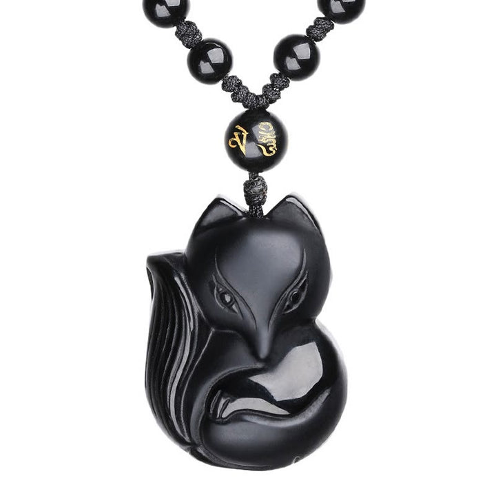 Buddha Stones Natural Black Obsidian Tiger Eye Ice Obsidian Fox Pendant Amulet Necklace - Obsidian - image 0