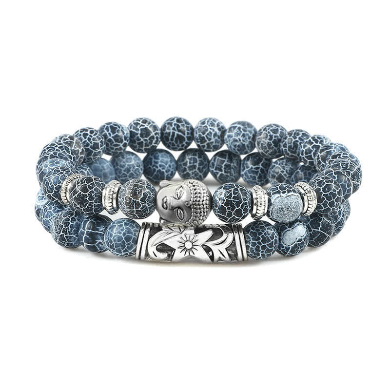 Buddha Stones 2Pcs Natural Crystal Agate Buddha Protection Bracelet - Blue Weathered Agate - image 8