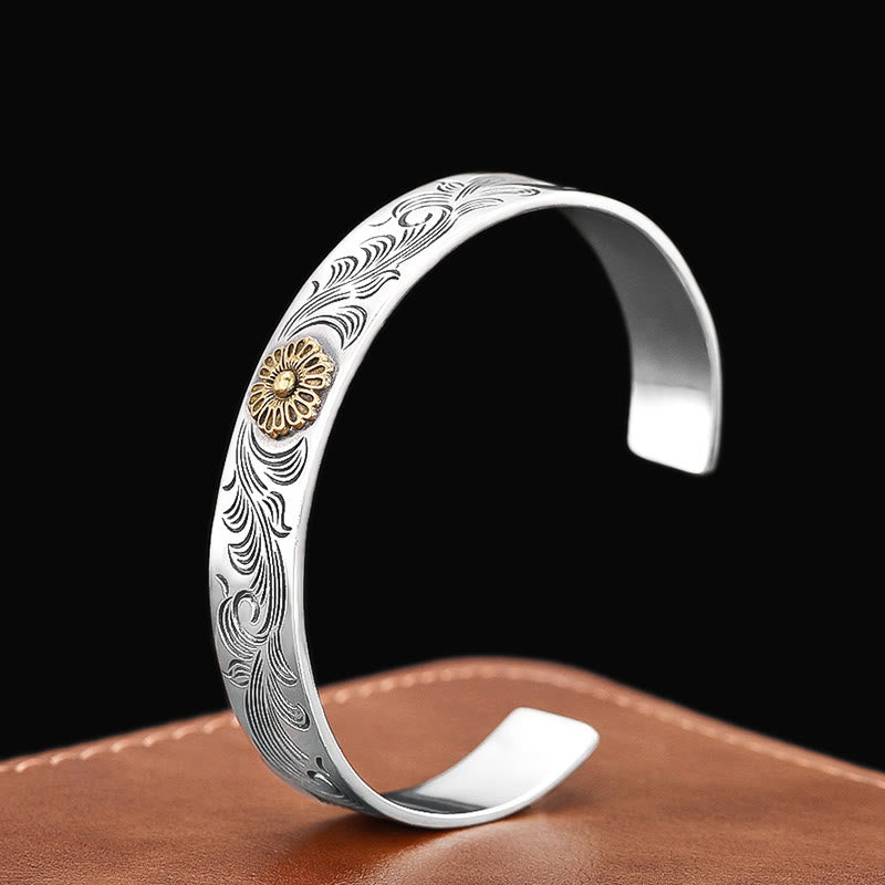 Buddha Stones Tang Dynasty Flower Design Rose Flower Feather Carved Copper Luck Bracelet Bangle - Tang Dynasty Flower Design(Luck♥Vibrant)(Wrist Circumference 15-17cm) - image 0