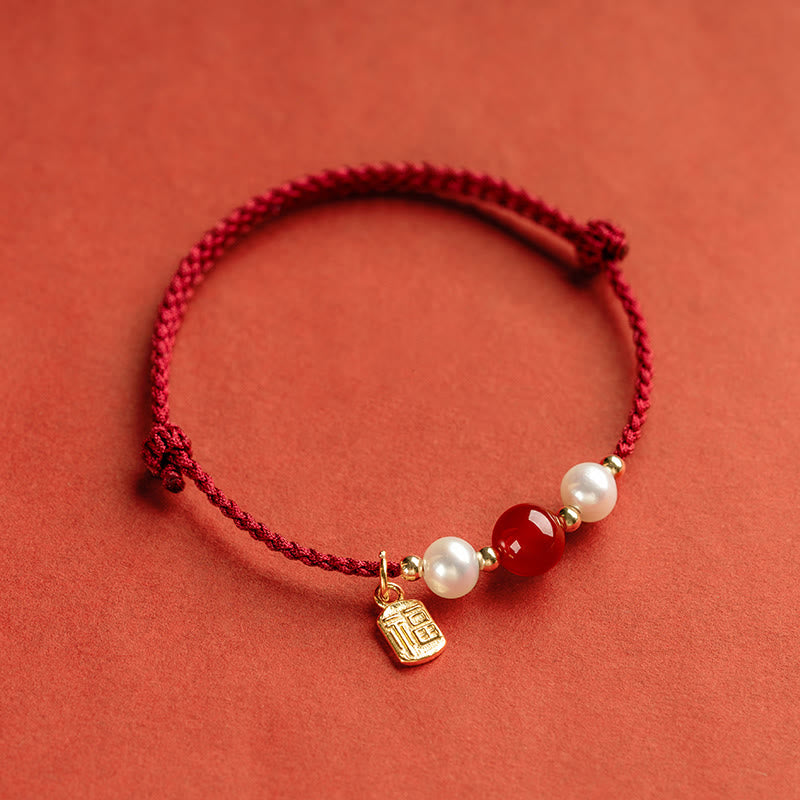 Buddha Stones 925 Sterling Silver Good Fortune Fu Character Agate Pearl Red String Braid Bracelet - image 3