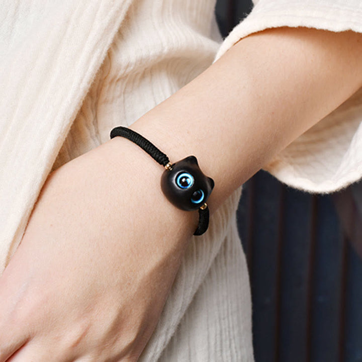 Buddha Stones Ebony Wood Cat Head Pattern Peace King Kong Knot Braided Bracelet - image 19