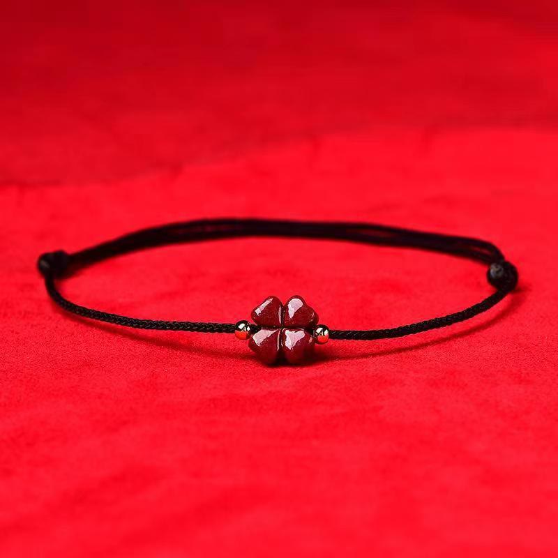 Buddha Stones Natural Cinnabar Four Leaf Clover Blessing Red String Bracelet Anklet - Black - Anklet(Anklet Circumference 21-27cm) - Without Golden Bead - image 5