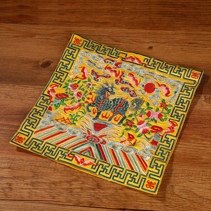 Buddha Stones Crane Phoenix Dragon Kirin Embroidered Cup Mat Pad Tea Cup Coaster Square Kung Fu Tea Mat - Yellow Kirin - image 33