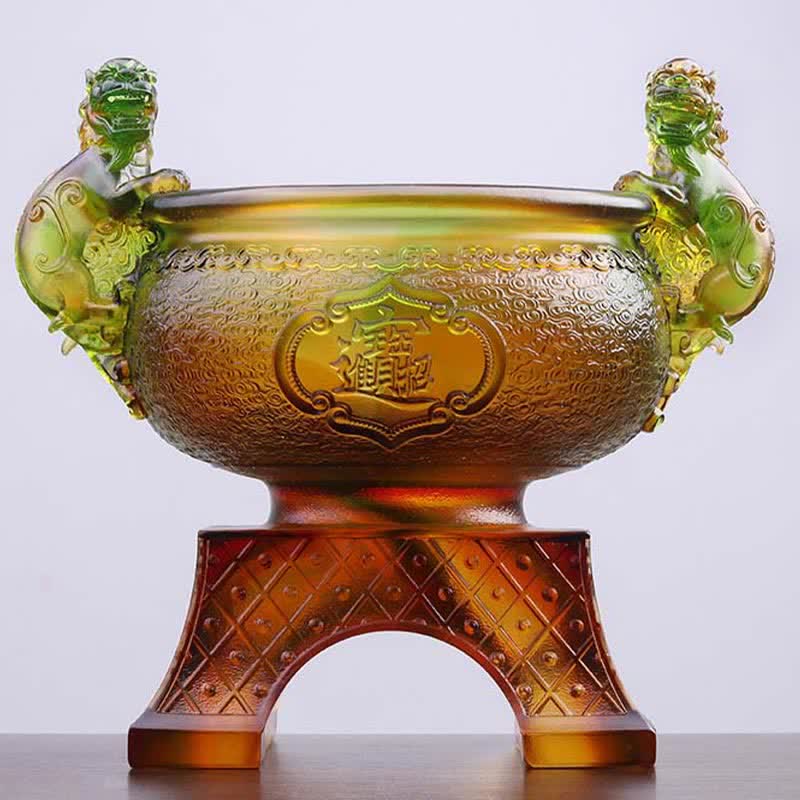 Buddha Stones Handmade Liuli Crystal PiXiu Treasure Bowl Art Piece Home Decoration - image 1