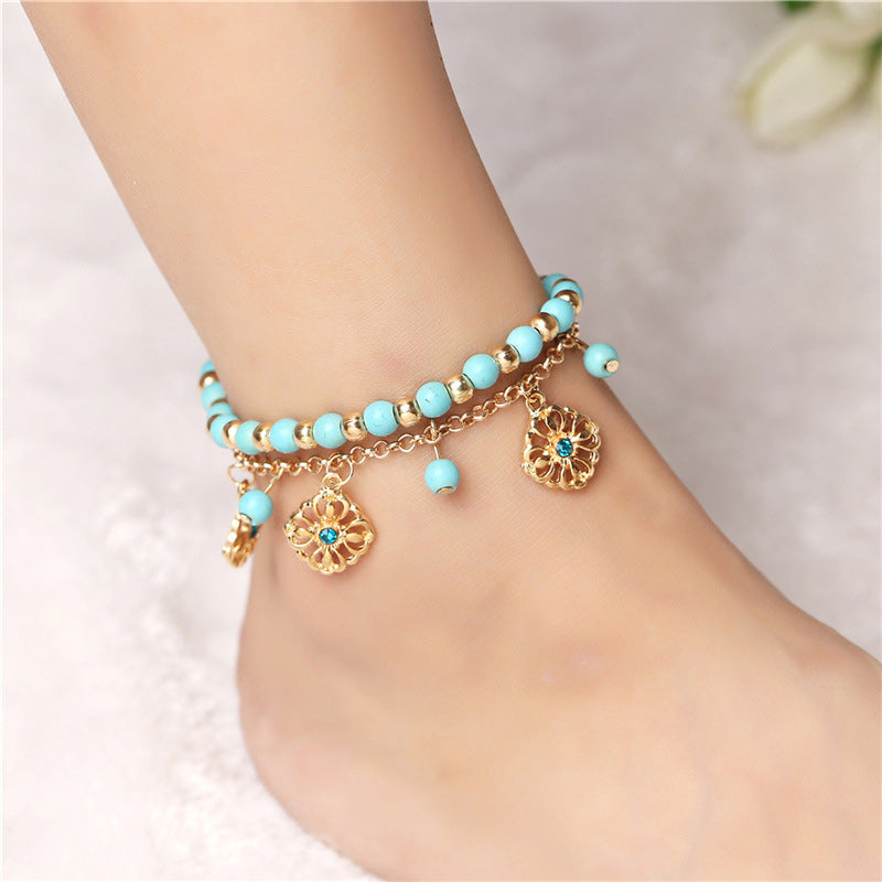 2Pcs Turquoise Stone Flower Protection Bracelet Anklet - image 2