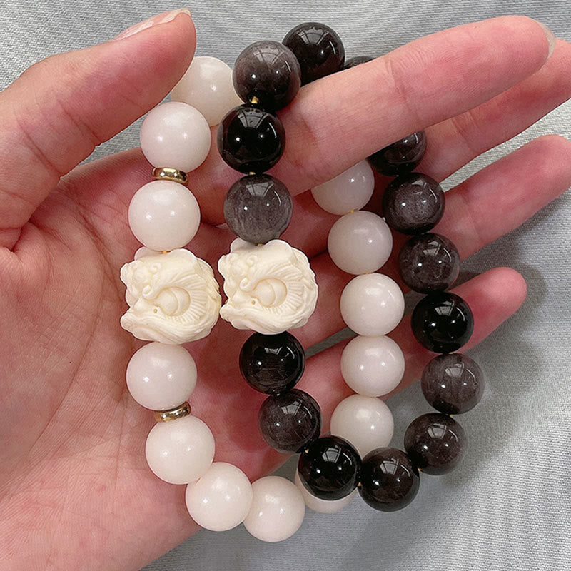 Buddha Stones Silver Sheen Obsidian Bodhi Seed Ivory Fruit Dancing Lion Protection Bracelet - image 2