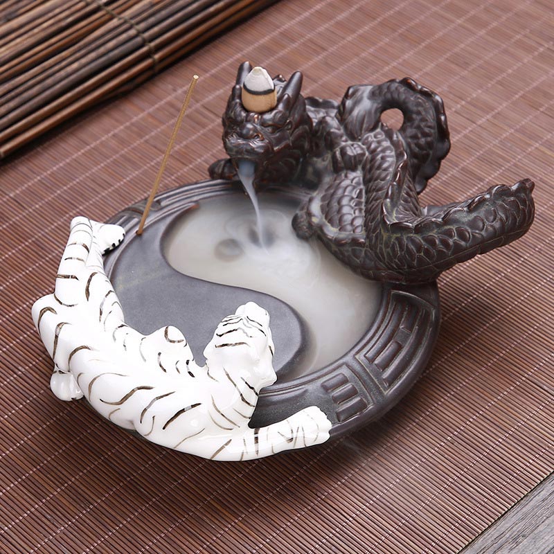 Buddha Stones Tiger Dragon Backflow Smoke Fountain Ceramic Yin Yang Blessing Incense Burner Decoration - image 2