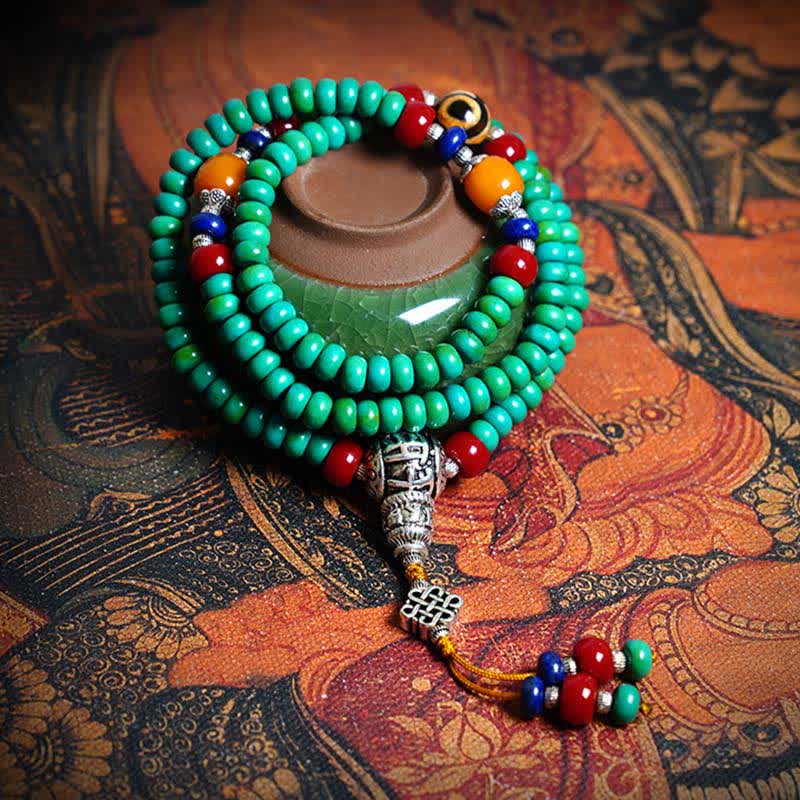 Buddha Stones 108 Mala Beads Tibetan Turquoise Dzi Bead Protection Bracelet - Turquoise - image 0