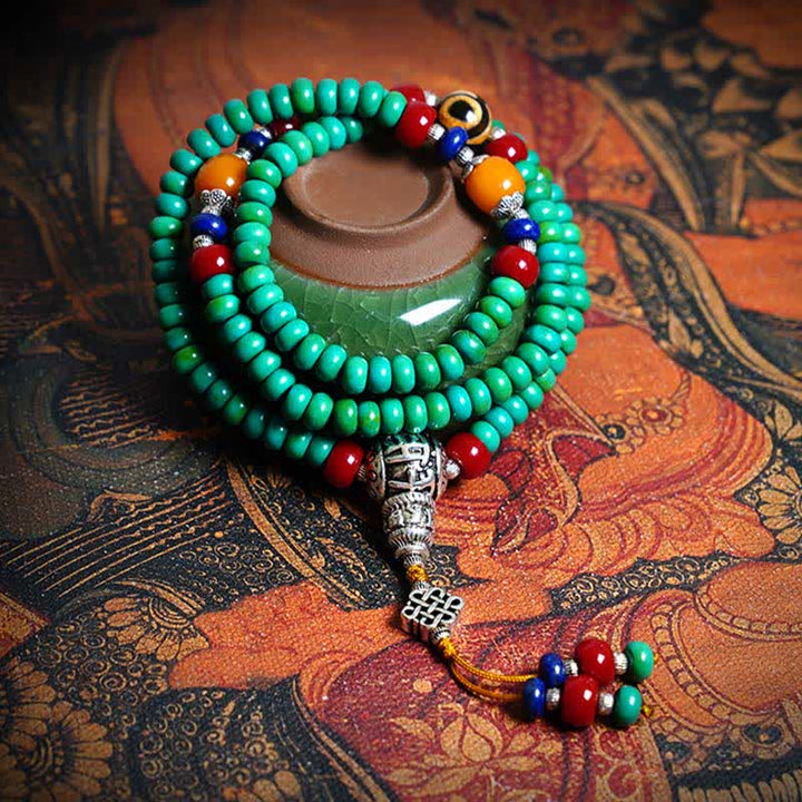 Buddha Stones 108 Mala Beads Tibetan Turquoise Dzi Bead Protection Bracelet - Turquoise - image 0