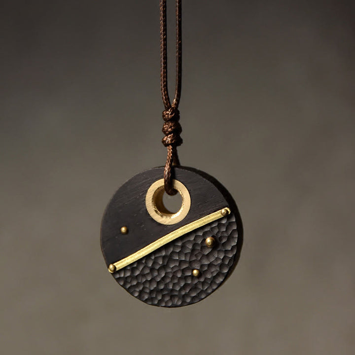 Buddha Stones Handcrafted Round Ebony Wood Brass Copper Peace Necklace Pendant - Ebony Wood(Balance♥Calm) - image 0