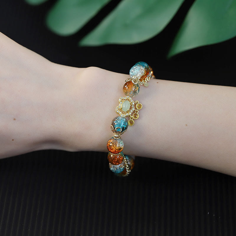 Buddha Stones Colorful Liuli Glass Bead Chinese Lock Charm Fortune Bracelet - image 9