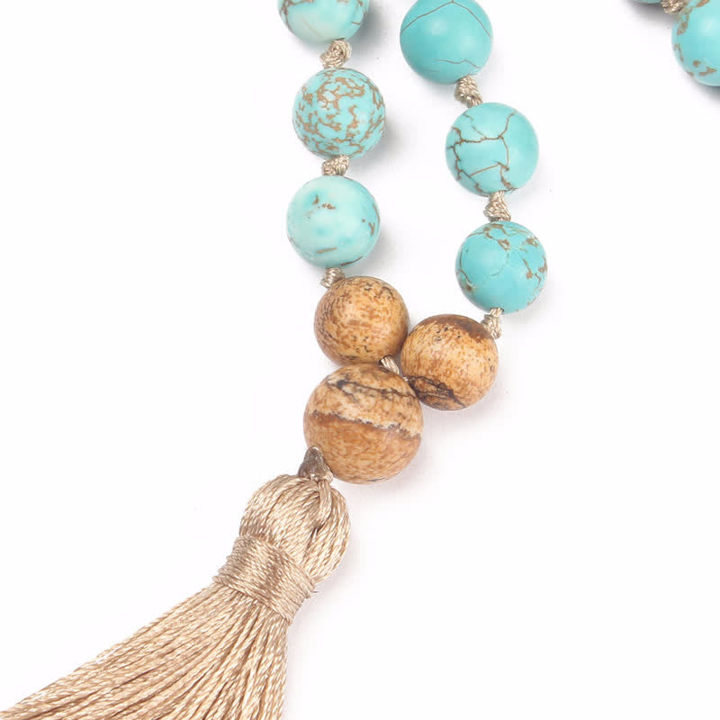 Buddha Stones 108 Mala Beads Turquoise Picture Jasper Wisdom Tassel Bracelet - image 3