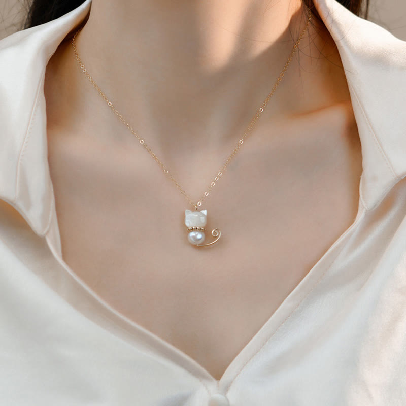 Buddha Stones 14K Gold Plated Pearl Hetian Jade Shell Luck Cat Kitten Necklace Pendant - image 3