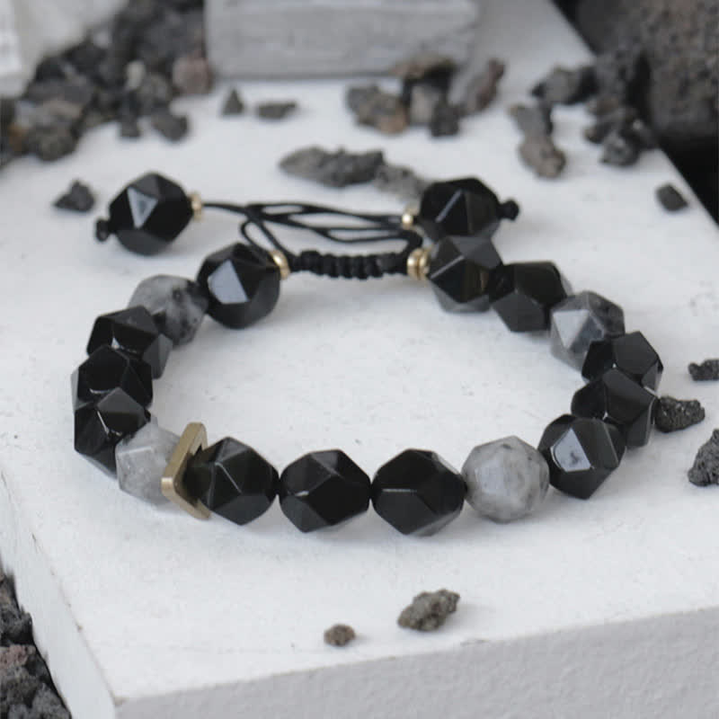 Buddha Stones Black Obsidian Black Glitter Stone Purification Bracelet - Prismatic Beads - 14-17cm - image 0