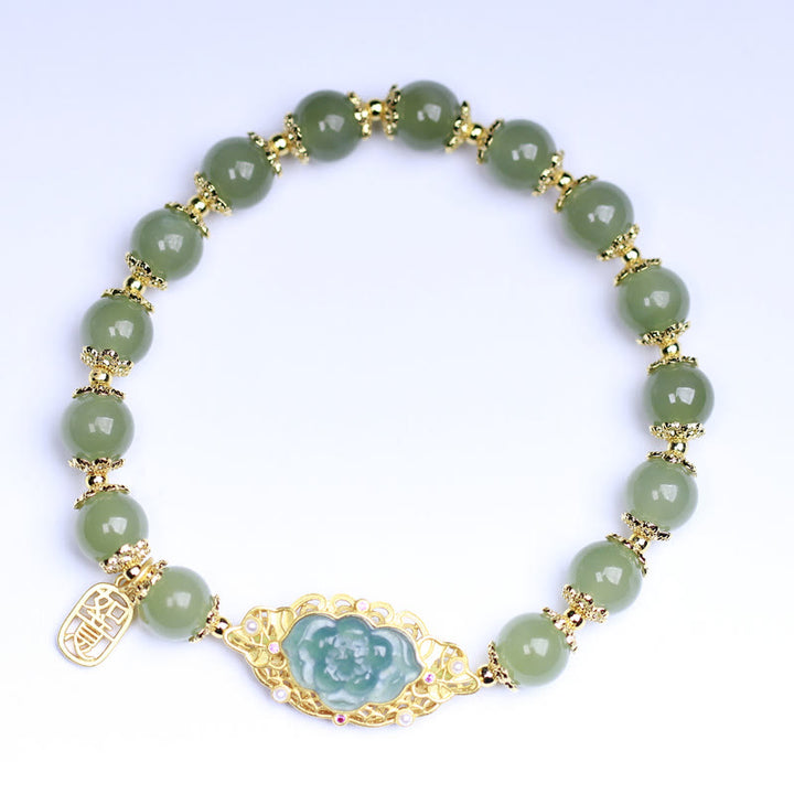 Buddha Stones 925 Sterling Silver Plated 14K Gold Hetian Jade Lotus Luck Bracelet - image 3