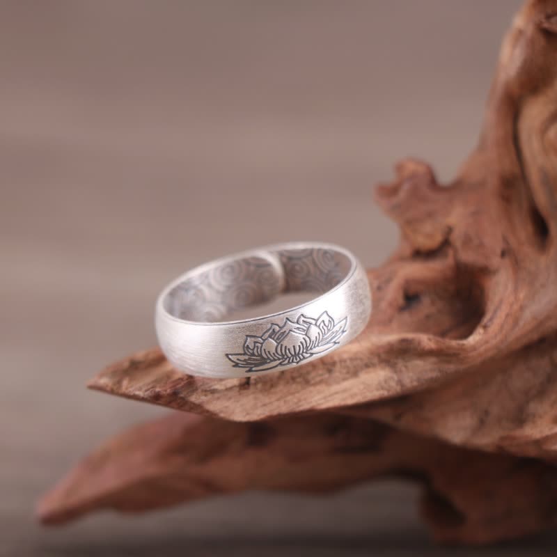 Buddha Stones 999 Sterling Silver Lotus Elephant Six True Words Blessing Ring - LOTUS SYMBOL - 5.5g - image 2