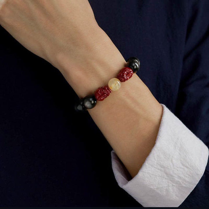 Buddha Stones Gold Sheen Obsidian PiXiu Cinnabar Om Mani Padme Hum Protection Bracelet - image 6