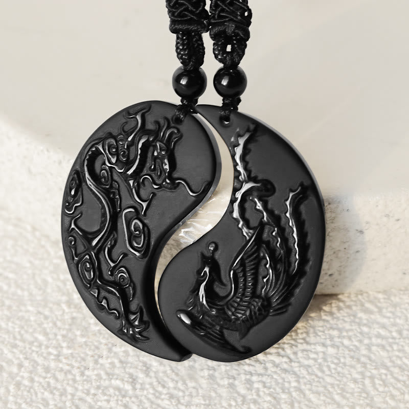 Buddha Stones Black Obsidian Yin Yang Dragon Phoenix Luck Necklace Pendant - image 2