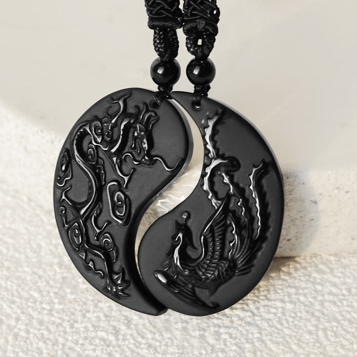 Buddha Stones Black Obsidian Yin Yang Dragon Phoenix Luck Necklace Pendant - image 2