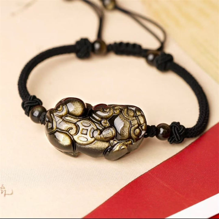 Buddha Stones Natural Obsidian Amethyst Citrine PiXiu Cooper Coin Wealth Bracelet - Gold Sheen Obsidian - image 0