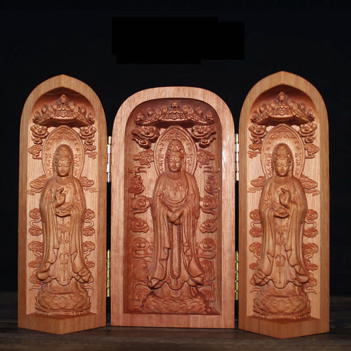 Avalokitesvara Kwan Yin Buddha Cherry Wood Compassion Home Decoration Altar - Three Avalokitesvara - image 6