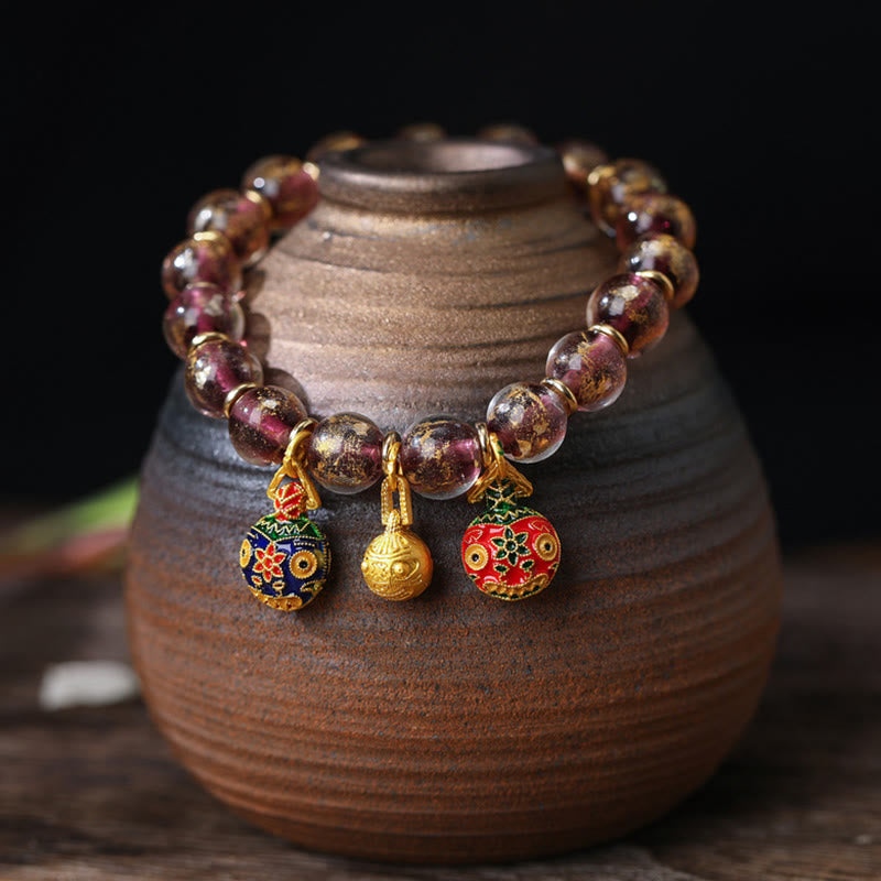 Buddha Stones Gold Swallowing Beast Family Charm Gold Silver Foil Liuli Glass Bead Blessings Bracelet - Purple Gold - 10mm(18 Beads) - image 8