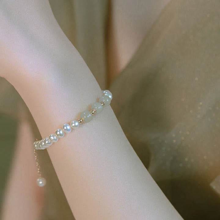 Buddha Stones 14K Gold Plated Natural Pearl Hetian Cyan Jade White Jade Sincerity Bead Chain Bracelet - image 12