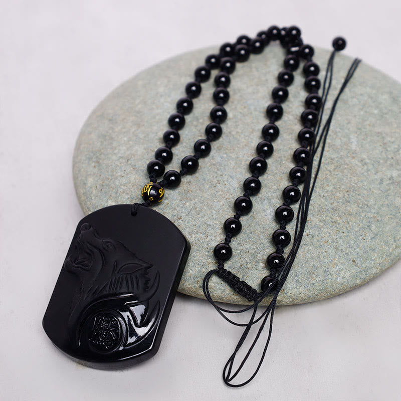 Buddha Stones Black Obsidian Stone Wolf Purification Pendant Necklace - image 6
