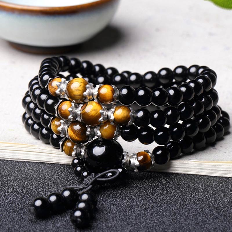Buddha Stones 108 Beads Natural Black Obsidian Tiger Eye Mala Bracelet - image 6