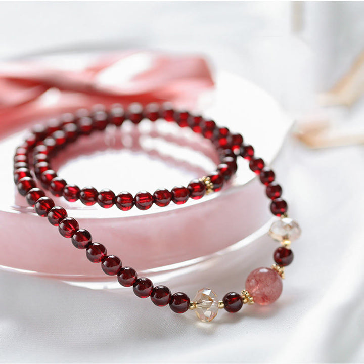 Buddha Stones 14K Gold Plated Natural Garnet Strawberry Quartz Stability Double Wrap Bracelet - Garnet(Purification♥Protection) - image 0
