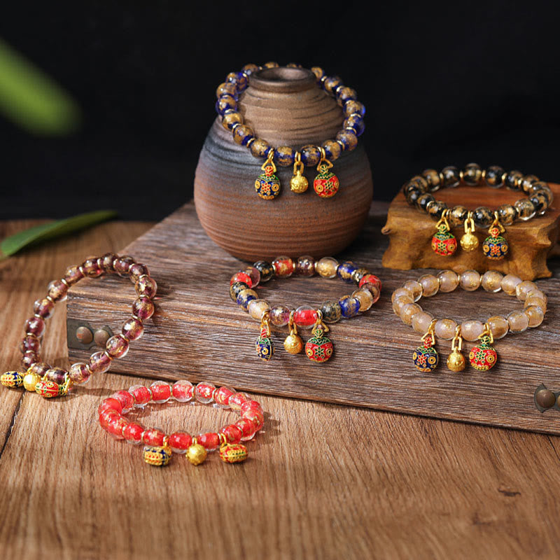 Buddha Stones Gold Swallowing Beast Family Charm Gold Silver Foil Liuli Glass Bead Blessings Bracelet - image 1